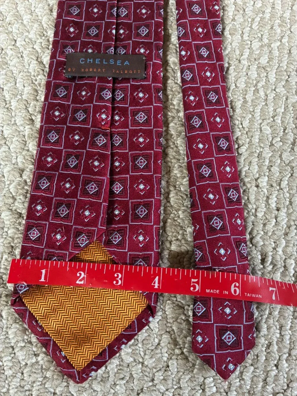 Red Geometric Chelsea Talbott Wide Tie Silk Made in USA